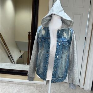 Denim Jacket with Gray Hoodie sleeves and hood